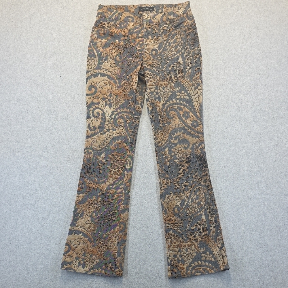 Moda International Paisley Bootcut Jeans Brown Gray Stretch Y2K Boho Size 4